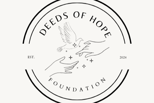 Logo of Deeds of Hope Foundation with a hand and dove illustration on a white background
